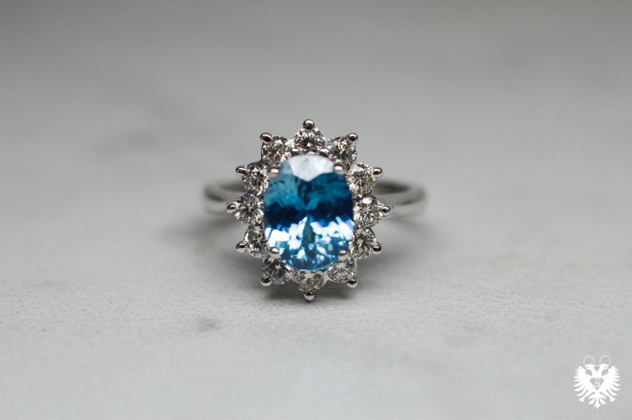 Shelton Jewelers Large Floral Halo London Blue Ring